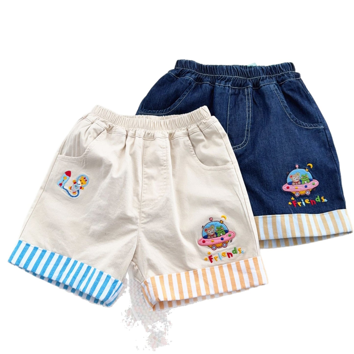 Color Matching Curling Summer Cartoon Patch Vertical Stripe Shorts Children's Pants