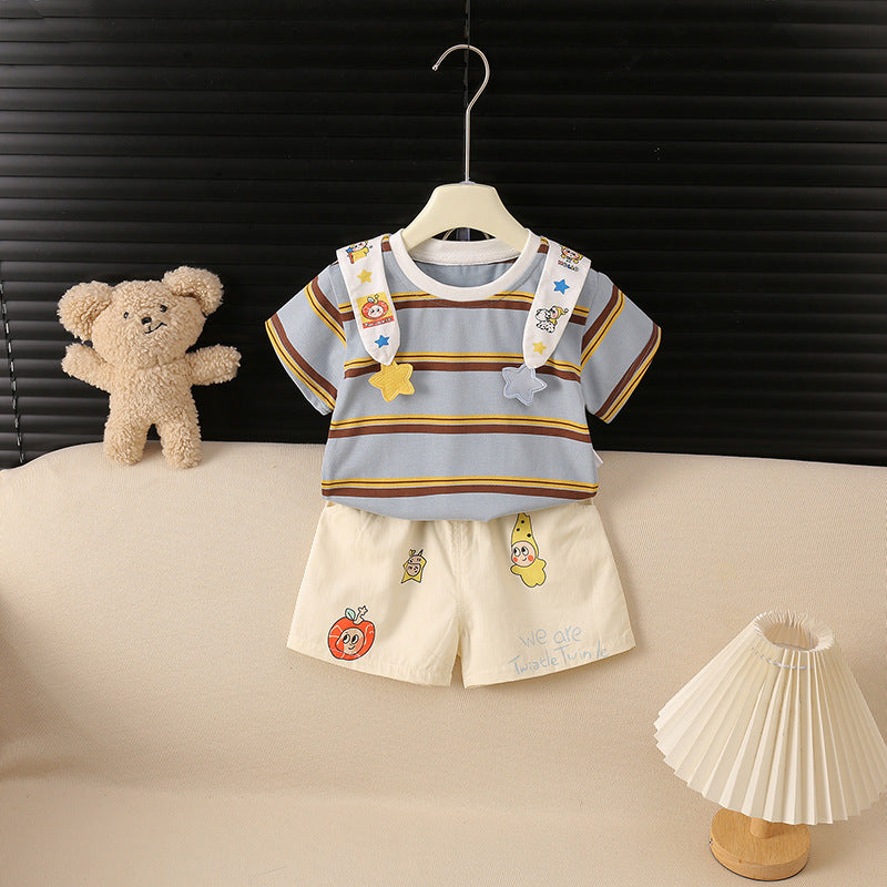 Children's Summer Korean Cute Boy Cartoon Striped Shawl Short Children's Suit