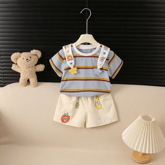 Children's Summer Korean Cute Boy Cartoon Striped Shawl Short Children's Suit
