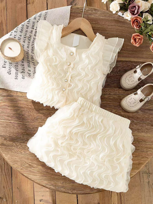 Stitching Wave Top Mid-length Dress Set Children's Suit