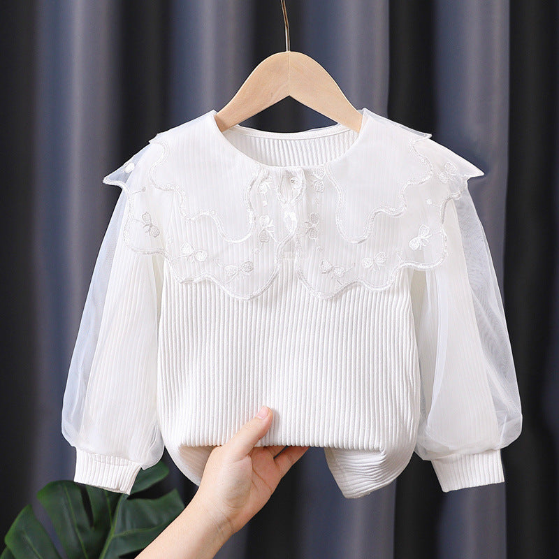 Children's Long-sleeved Pure Cotton White Doll Collar Lace Top Children's T-shirt