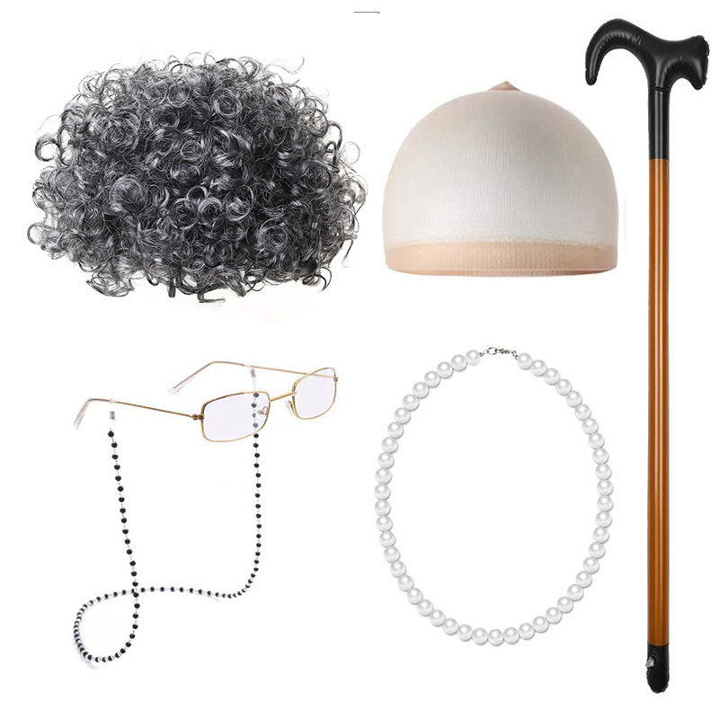 School Day Old Grandma Grandpa Crutches Lady Cos Wig