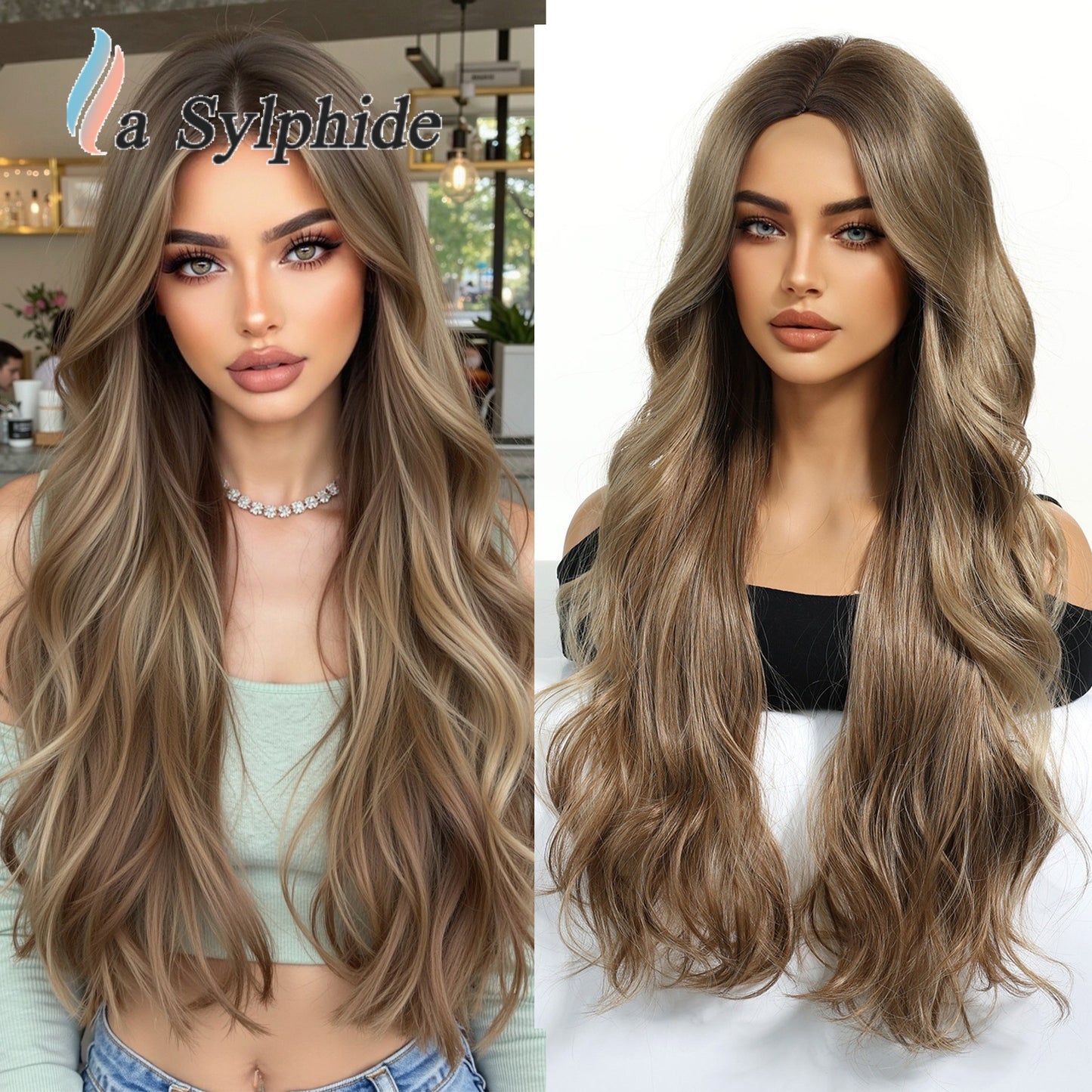 Brown Gradient Hair Fiber Mechanism Medium Curly Tie Up Bun Wig Long Curls