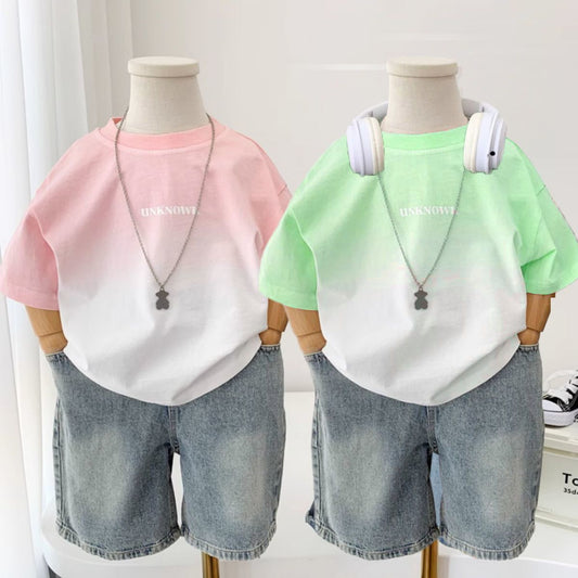 Boys Summer Thin Western Style Pink Gradient Short Children's T-shirt