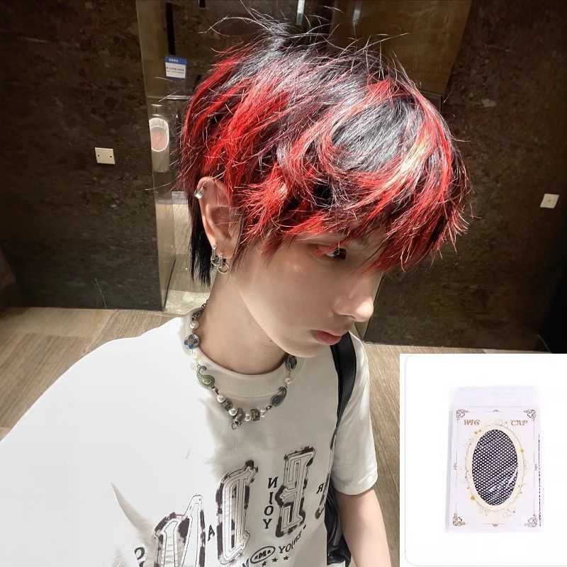 Level Differential Broken Cover Personality Black Red Highlight Men's Wig