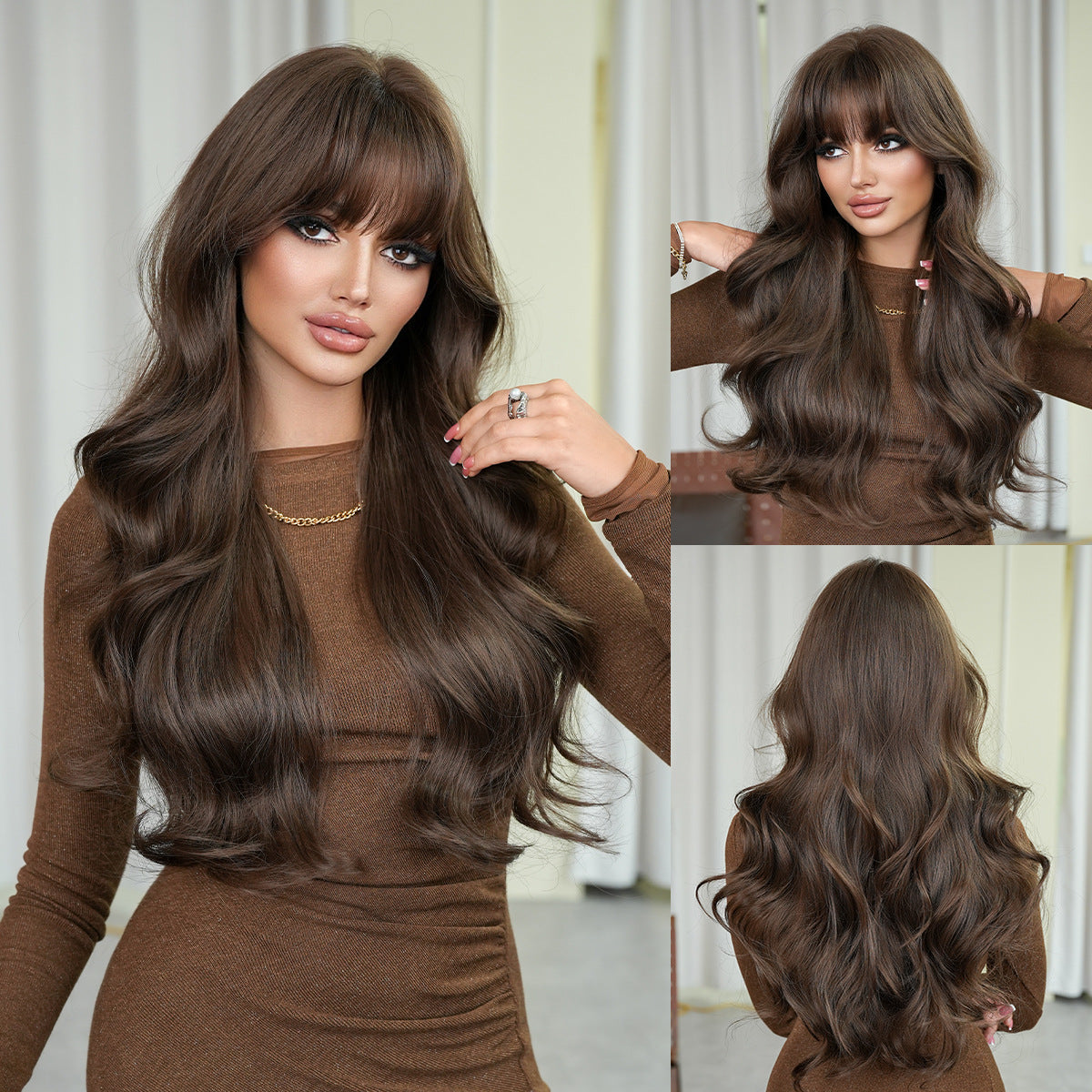 Female Big Wave Curly Hair Straight Bangs Fluffy Whole Top Wig Long Curls