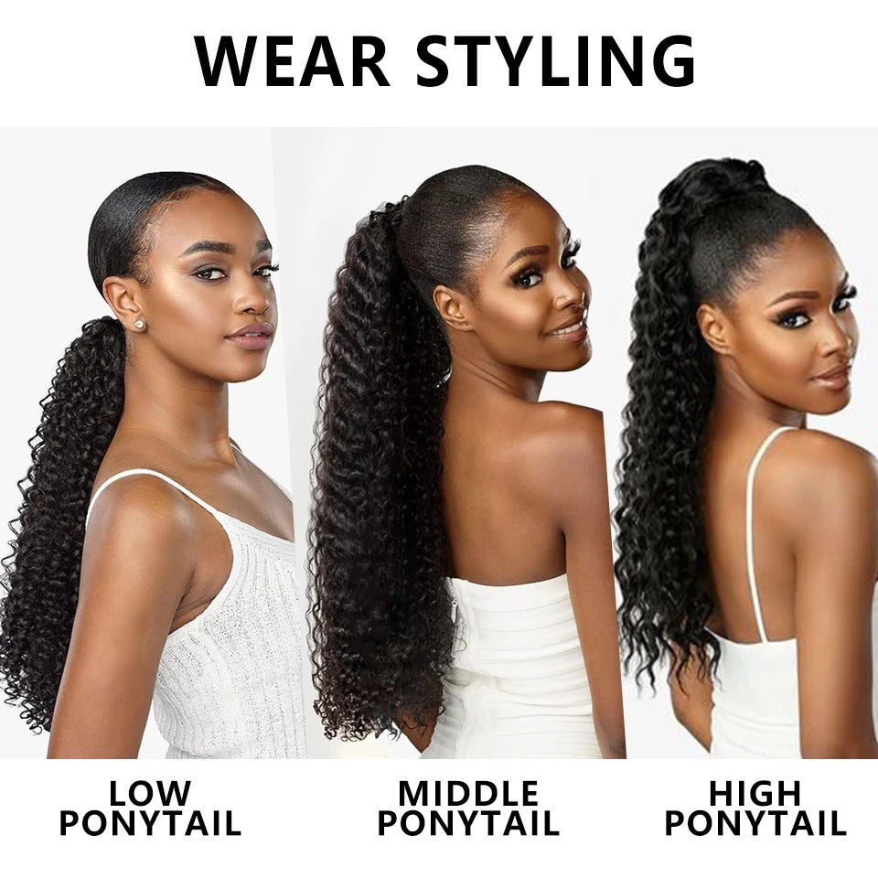 Female Horse Tail Black Curly Hair Drawstring Fluffy Wig Ponytail
