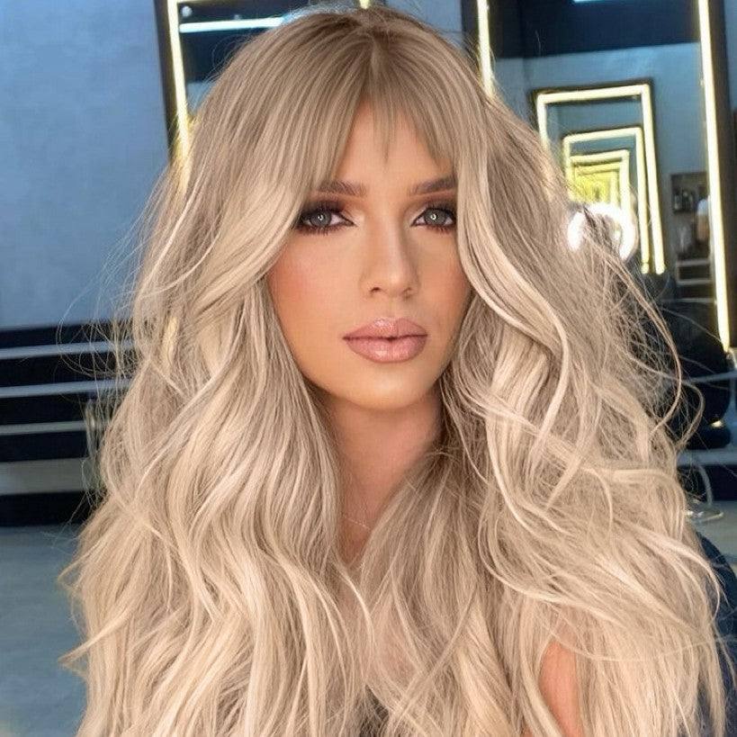 Tea Golden Wave Curly Hair Air Bangs Simulation Head Cover Wig Long Curls