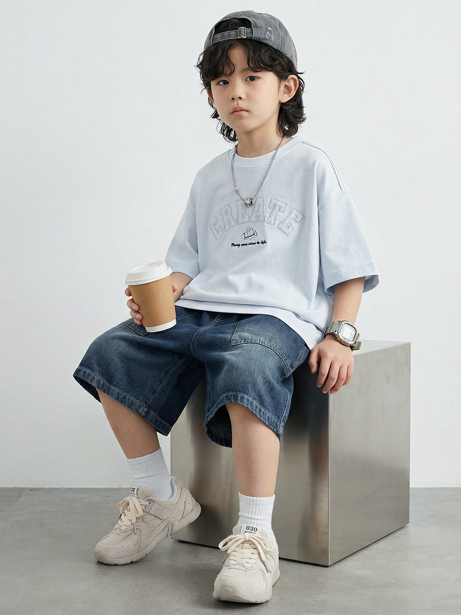 Children's Short-sleeved Summer Cotton Round Neck Top With Letters Embroidered Loose Children's T-shirt