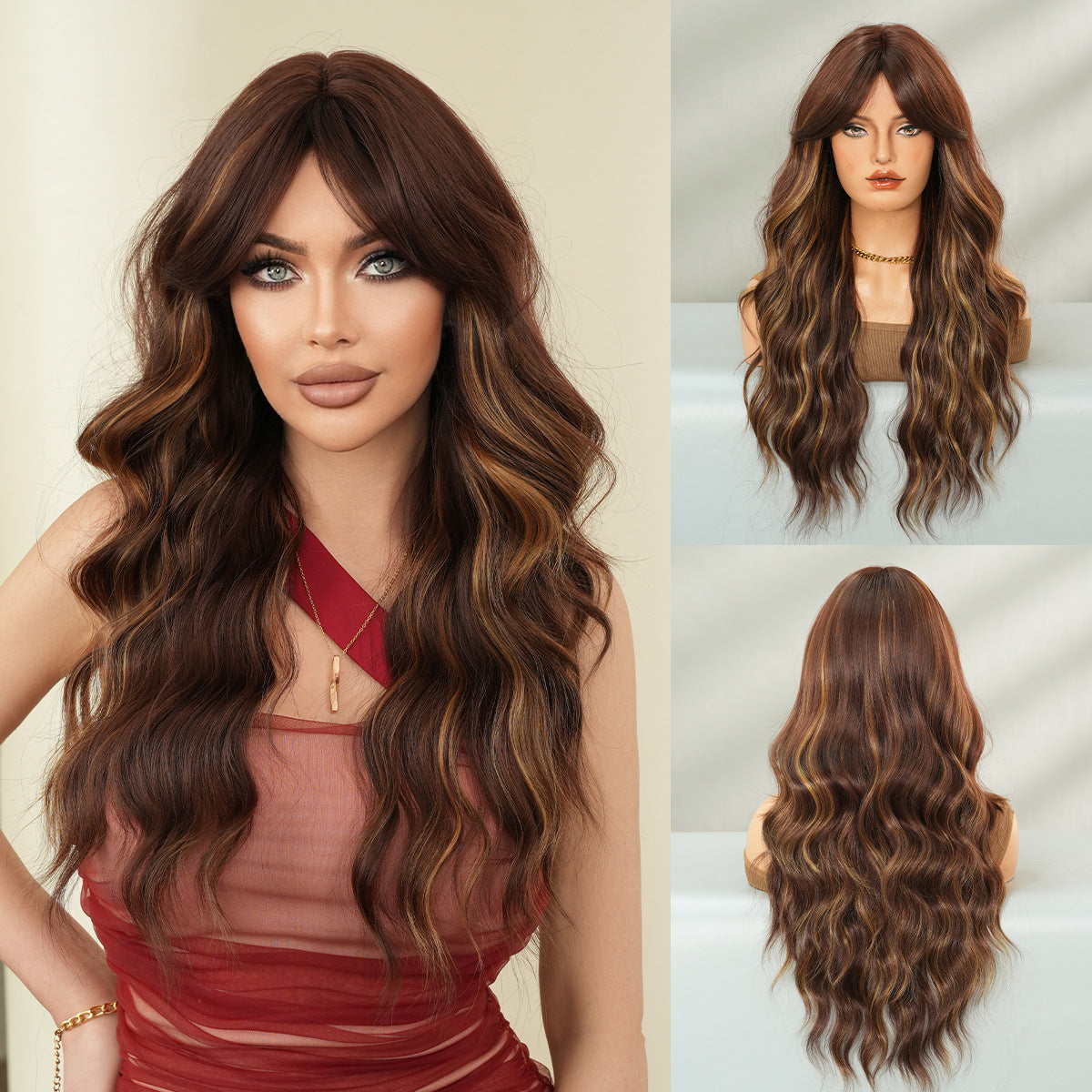 Women's Bronze Golden Fashion Curly Hair Bangs Big Wig Long Curls