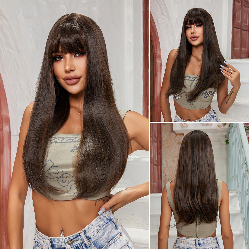 Female Air Bangs Brown Gradient Golden Long Straight Wig