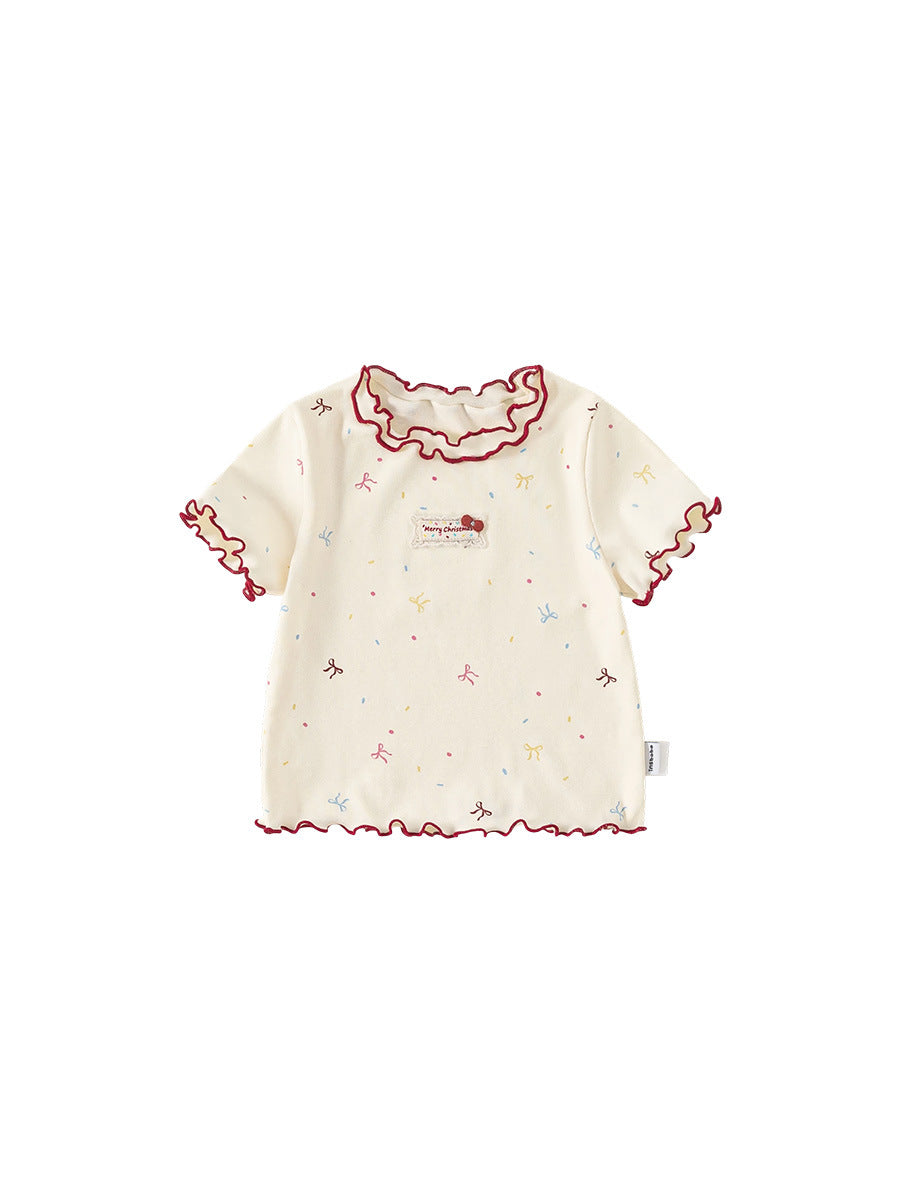 Children's Short-sleeved Contrast Color Wooden Ear Summer Clothes Sweet Bow Children's T-shirt