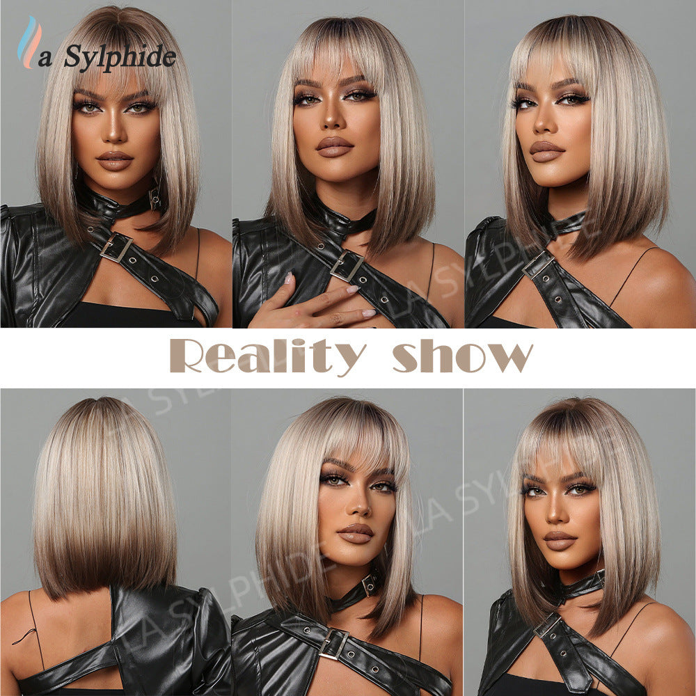 Women's Bangs Brown Gradient Sier Head Daily Wig Short Straight Hair
