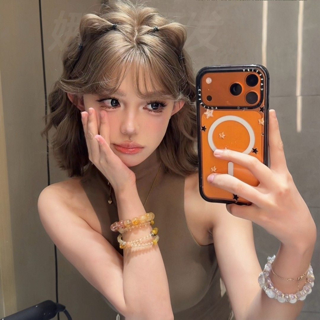 Bean Female Warm Brown Collarbone Length Haircut Egg Wig Short Curly Hair