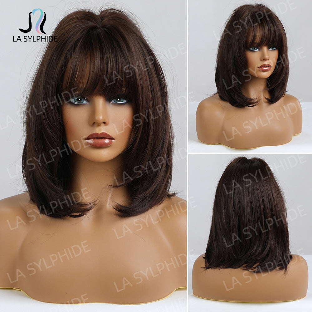 Black Female Bangs Head Brown Chemical Fiber Woven Long Straight Wig