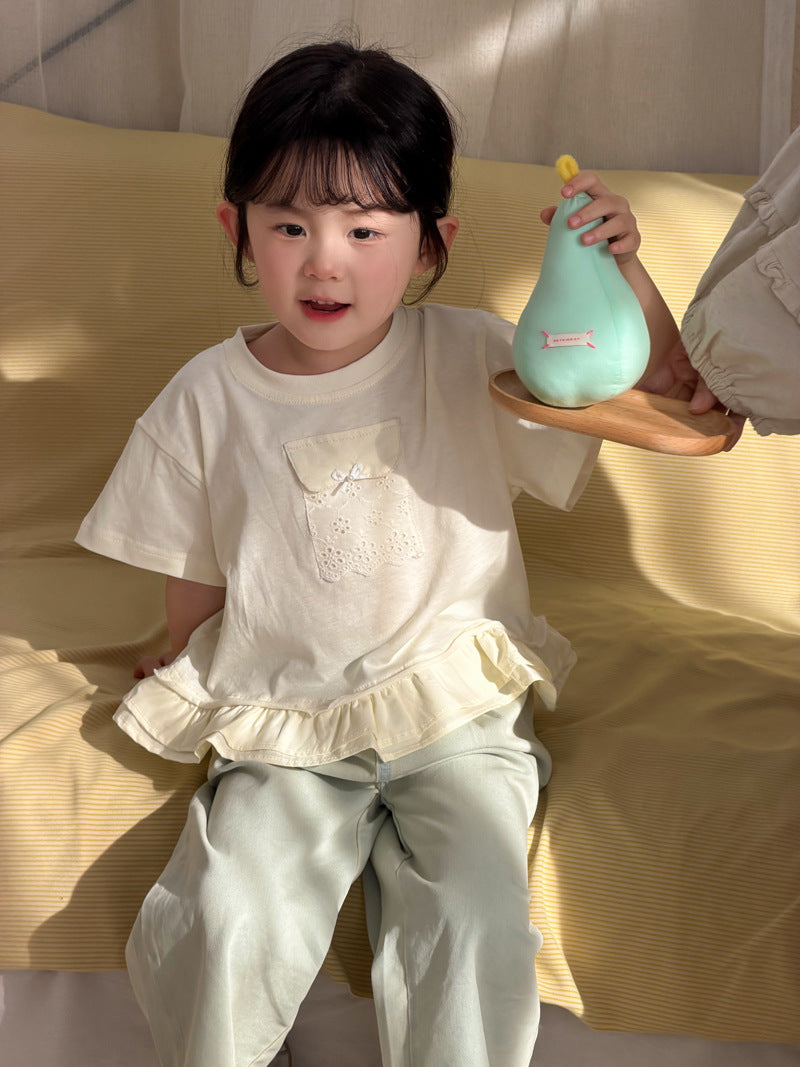 Children's Korean Ruffled Sweet Fresh Lace Pocket Short-sleeved Children's T-shirt