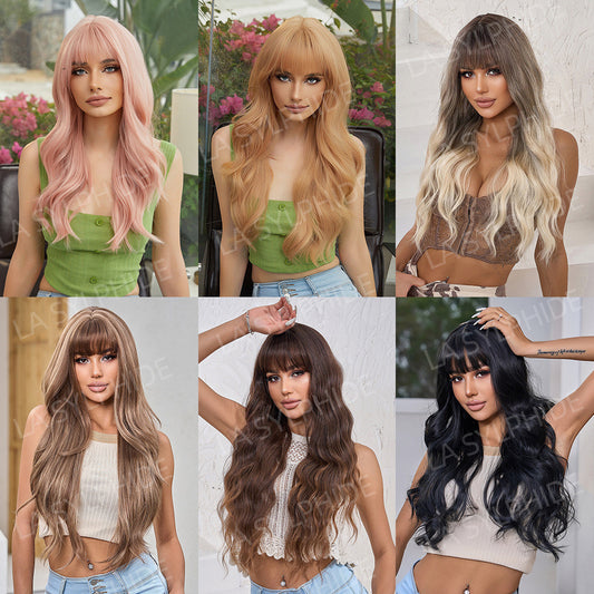 Brown Gradient Golden Bangs Curly Hair Rose Net Wig Long Curls