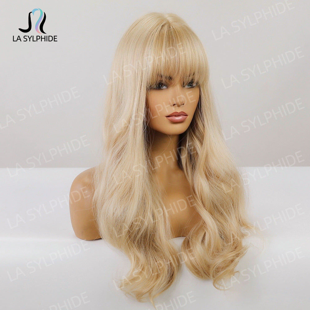 Women's Golden Curly Hair Bangs For Without Hand-woven Wig Long Curls