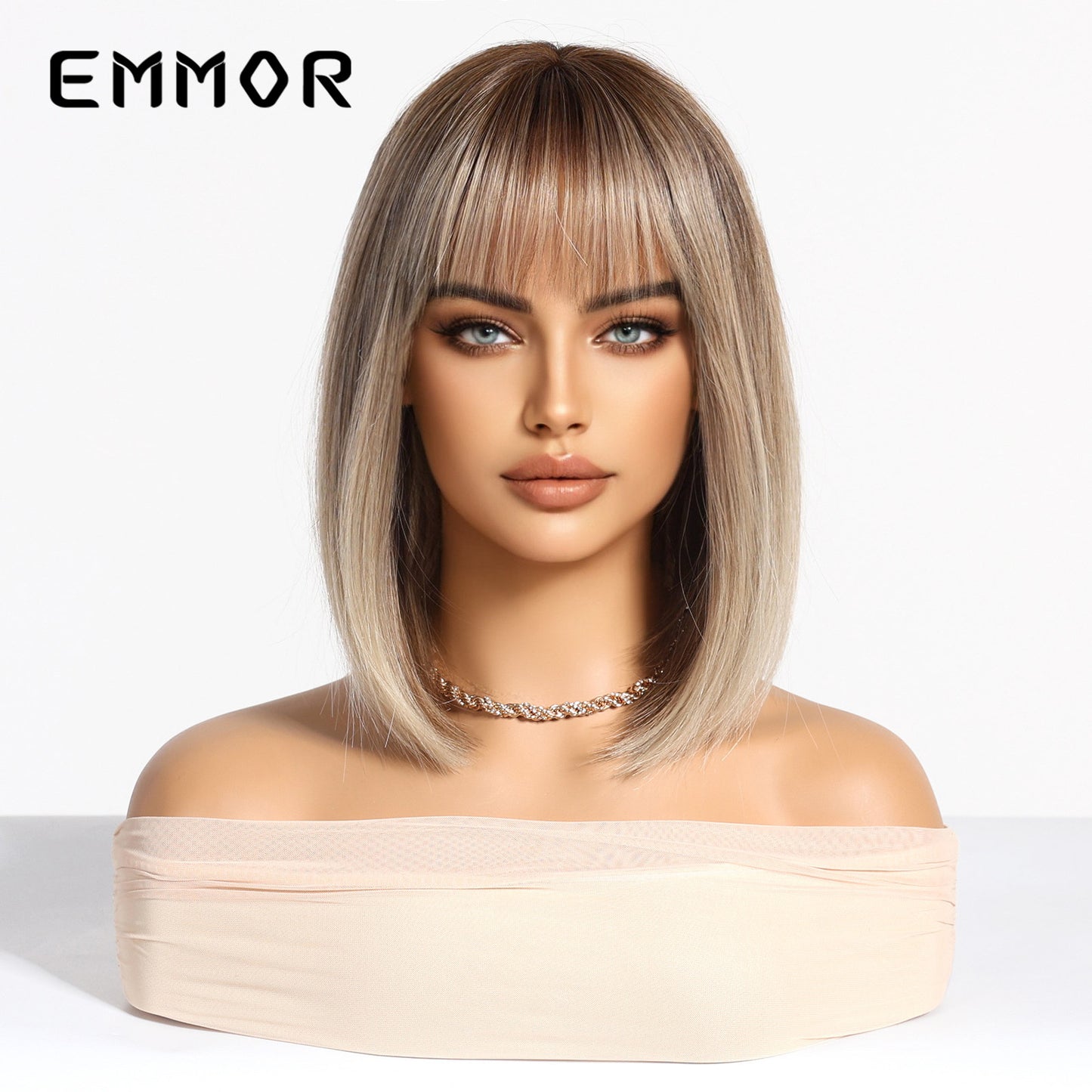 Breathable Bangs Gradient Gold Wave Full Wig Short Straight Hair