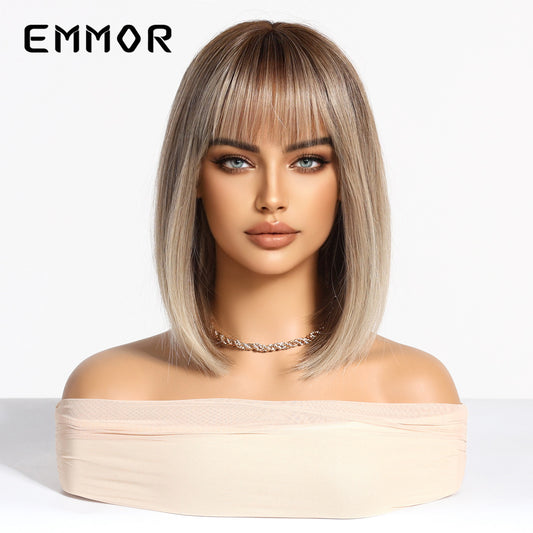 Breathable Bangs Gradient Gold Wave Full Wig Short Straight Hair