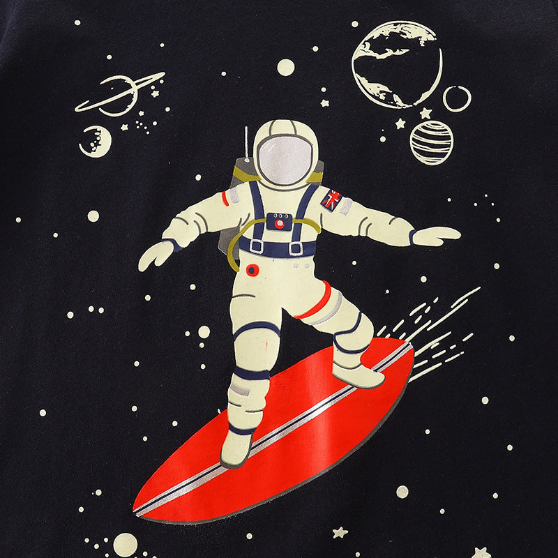 Cotton Long Sleeve Autumn Trendy Astronaut Star Print Boy Luminous Children's T-shirt