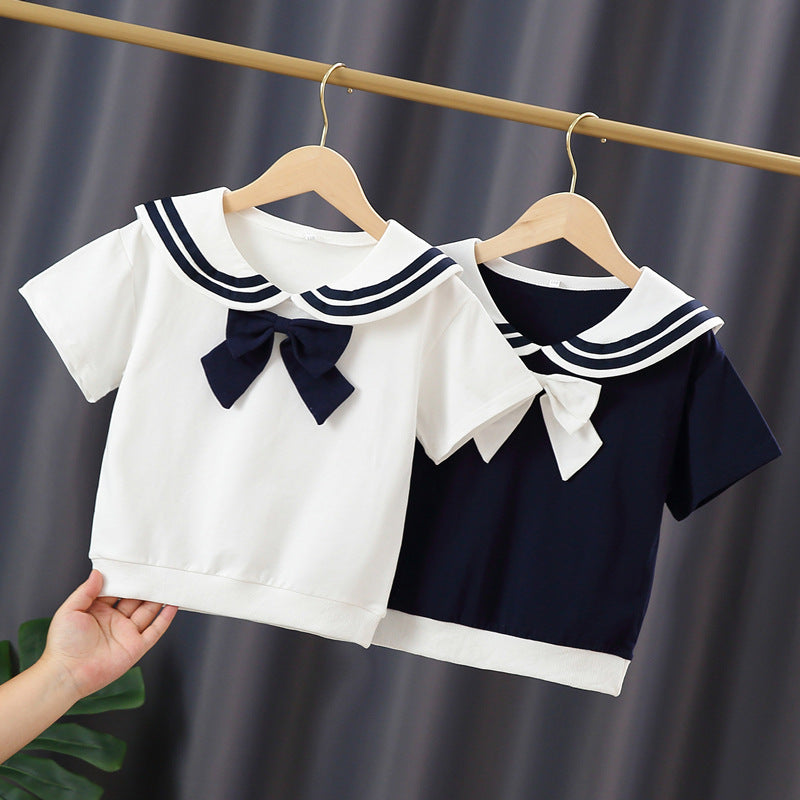 Children's Clothing Short-sleeved Thin Summer Navy Style Lapel Princess Bottoming Shirt Children's T-shirt