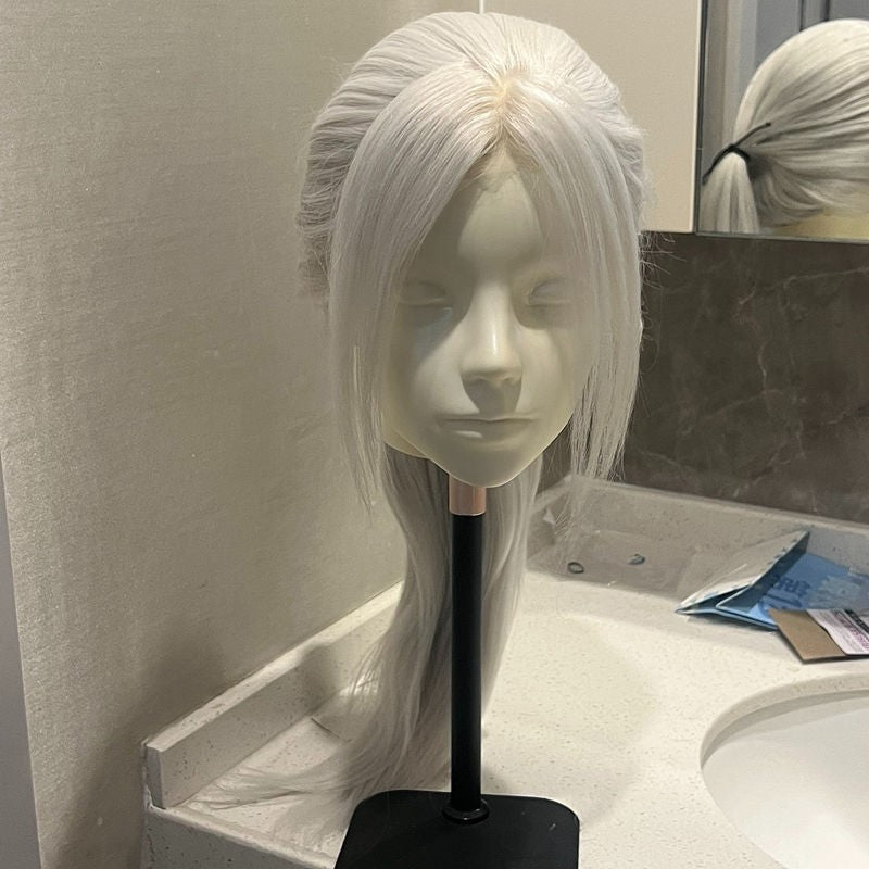 Game Anime Black Sier White Bangs Mid-length Long Straight Wig