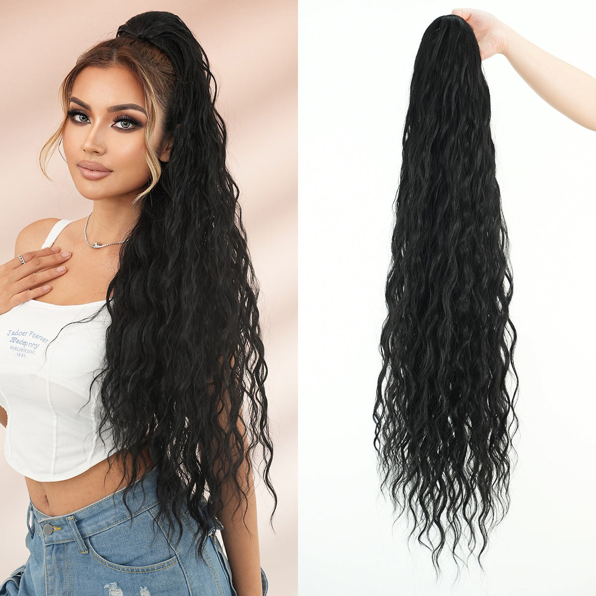 Inch Extra Long Curl Drawstring Net Pocket Elastic Water Wig Ponytail