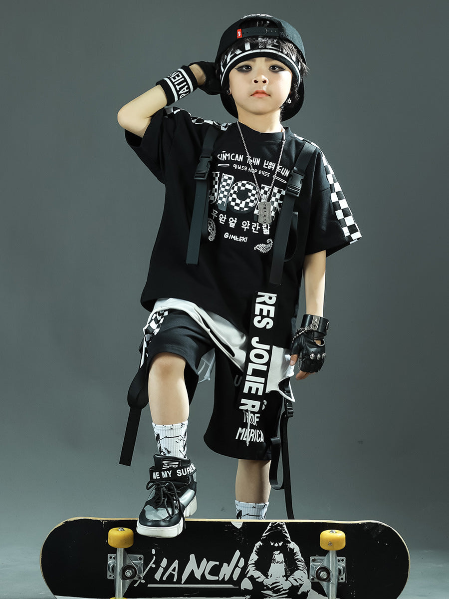 Children's Sports Summer Plaid Korean Style Teens Two-piece Clothing Children's Suit