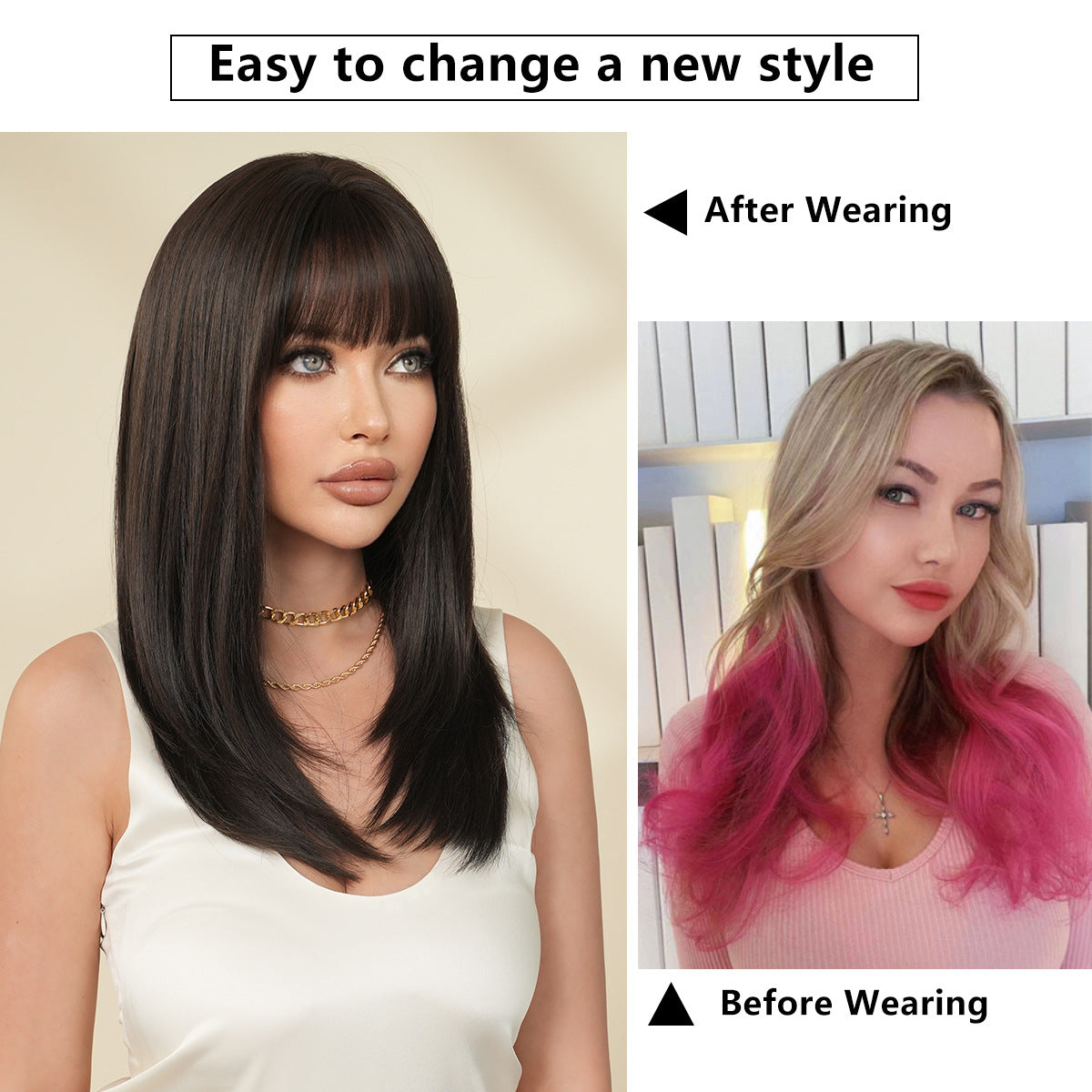 Quality Female Natural Black Layered Bangs Long Straight Wig