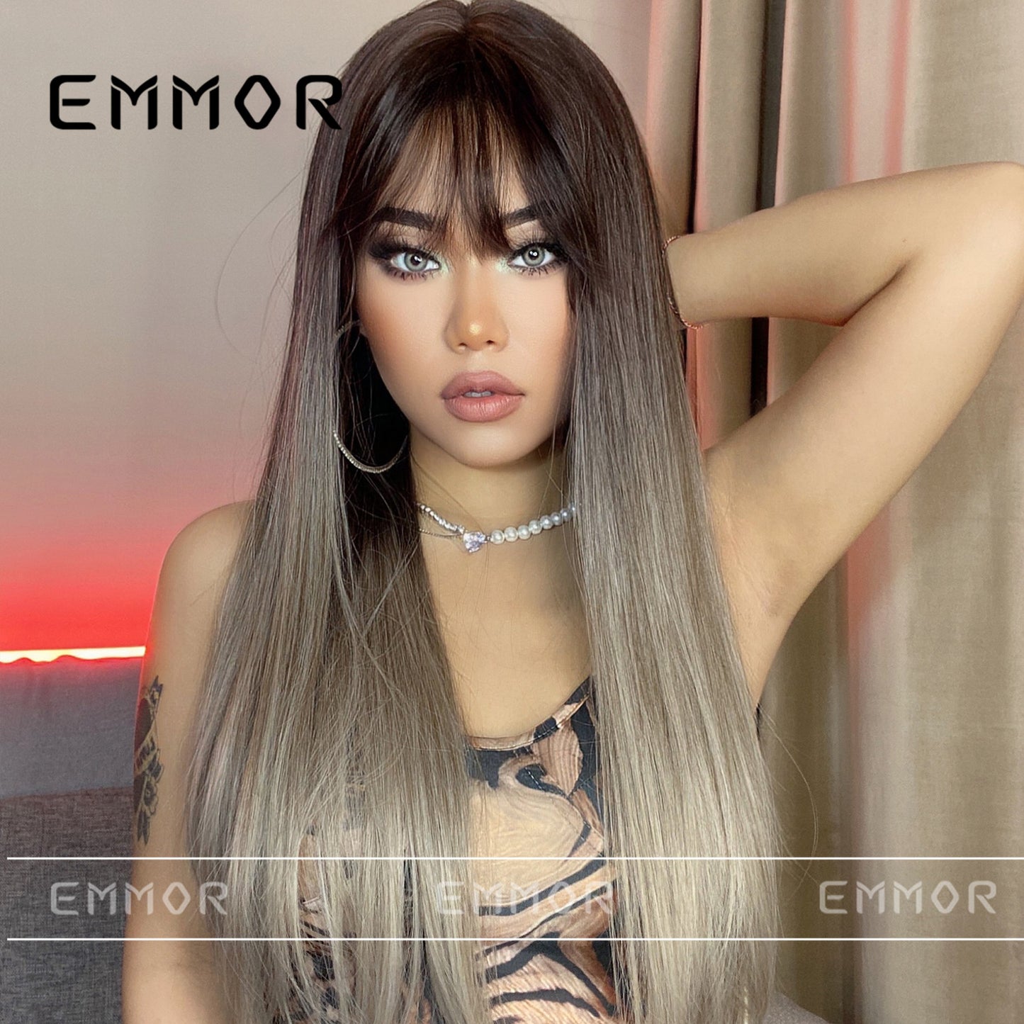 Bangs Gradient Gray Hair Chemical Fiber Head Long Straight Wig