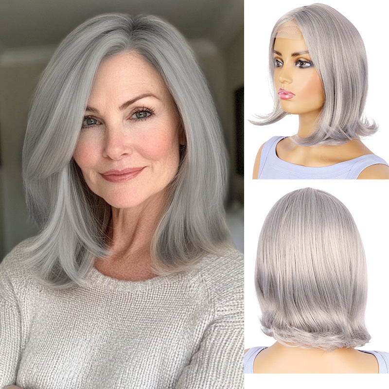 Women's Fashion Small Lace Gray Mid-length Head Wig Short Curly Hair