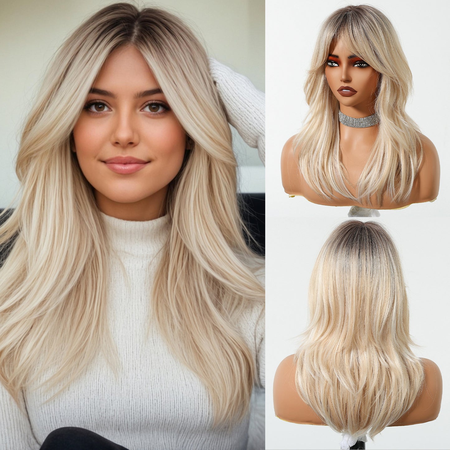 Female Brown Bangs Gradual Texture Mid-length Hair Long Straight Wig