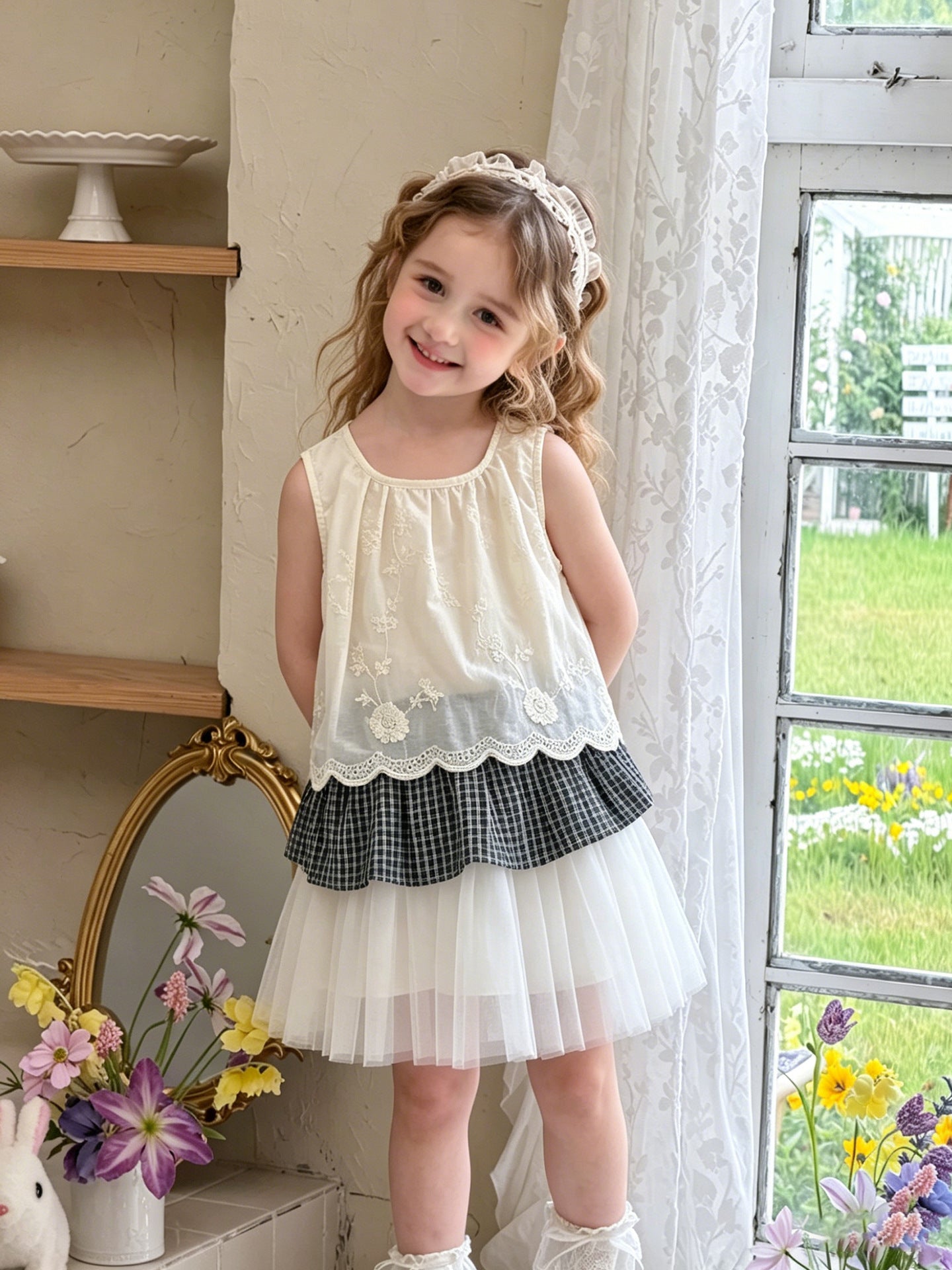 Korean Style Summer Suit Cotton Embroidered Sleeveless Top Children's Dress