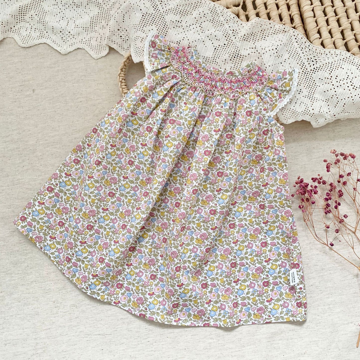 Printed Flounced Sleeve Handmade Smocking Skirt Children's Dress
