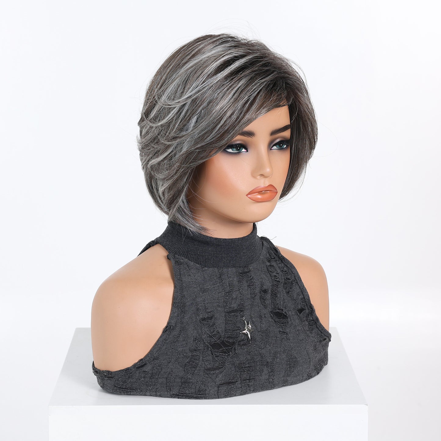 Dark Gray Oblique Daily Natural Fiber Versatile Wig Short Straight Hair
