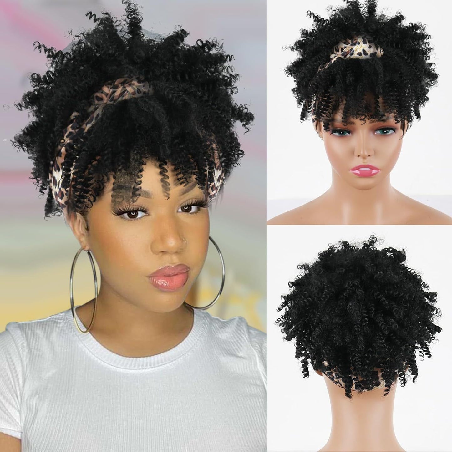 Small Turban Female Headband Bangs Fluffy Wig Short Curly Hair