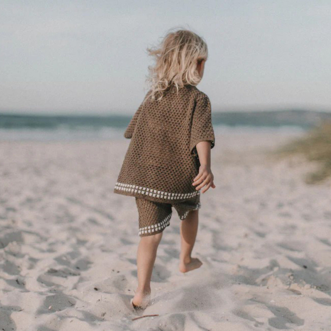 Summer Hollow Lapel Knitted Crocheted Sweater Cardigan Shorts Children's Suit