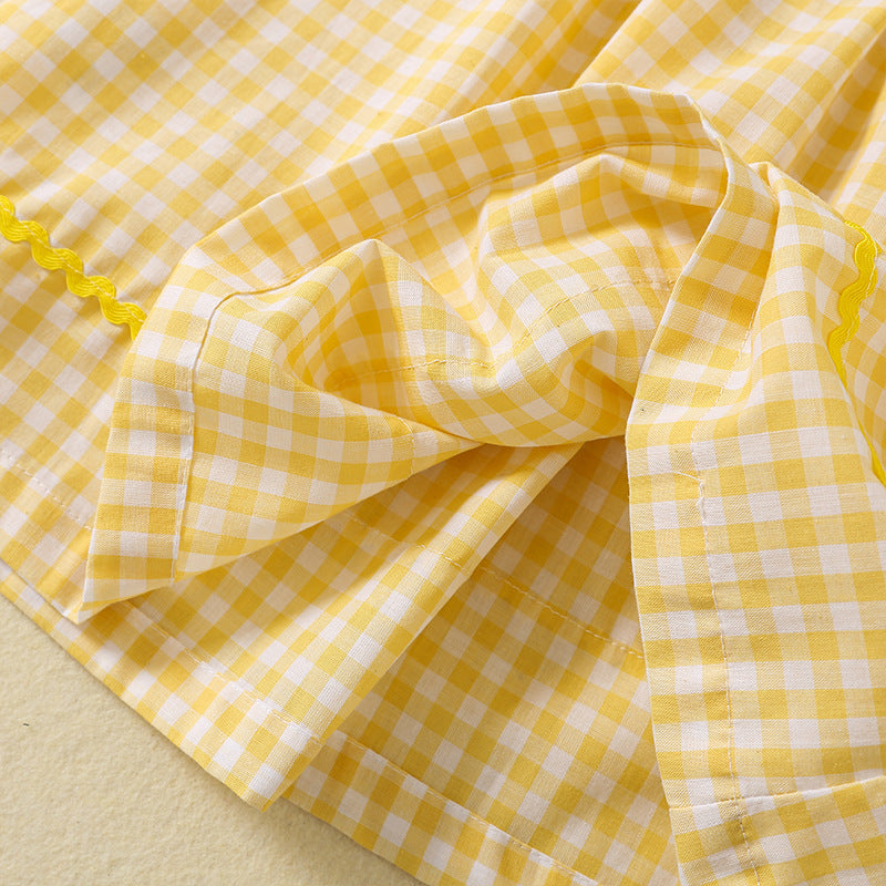Flounced Sleeve Tartan Skirt Smocking Chick Embroidered Children's Dress