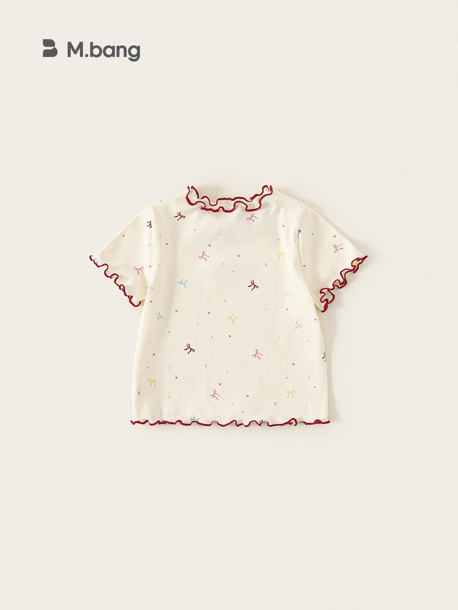 Children's Short-sleeved Contrast Color Wooden Ear Summer Clothes Sweet Bow Children's T-shirt