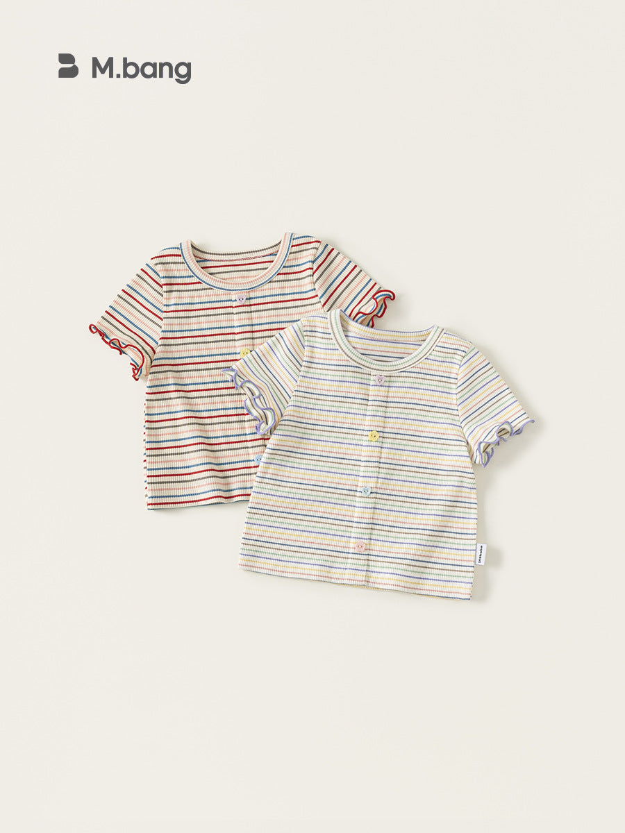 Children's Short-sleeved Summer Color Stripes Wooden Ear Sweet Cute Tops Children's T-shirt