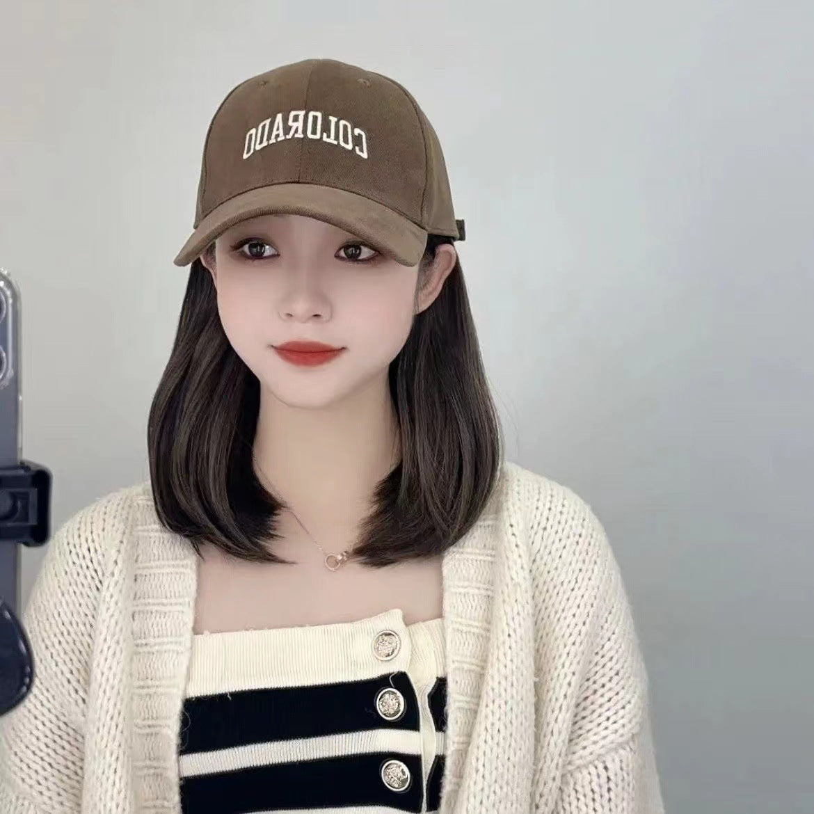Trendy Korean Style Peaked Baseball Cap Mid-length Wig Short Straight Hair