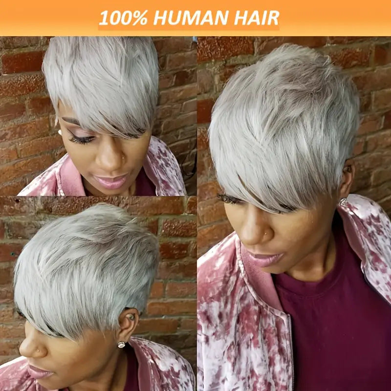 Side Bangs Sier Gray Fluffy Straight Chemical Wig Short Curly Hair