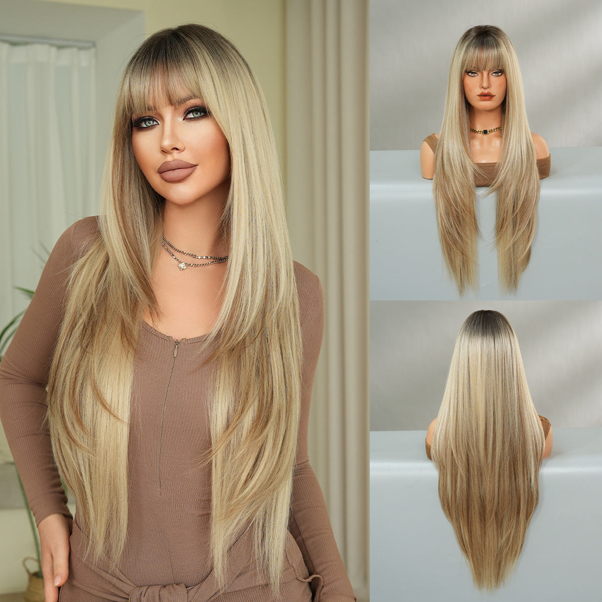 Black Full Top Bangs High Quality Chemical Long Straight Wig