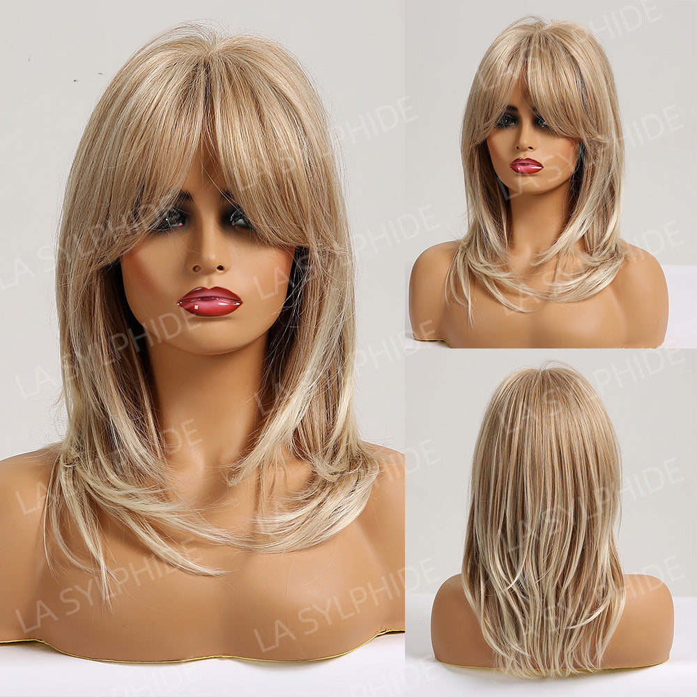 Gradient Golden Medium Hair Inner Buckle Bangs Long Straight Wig