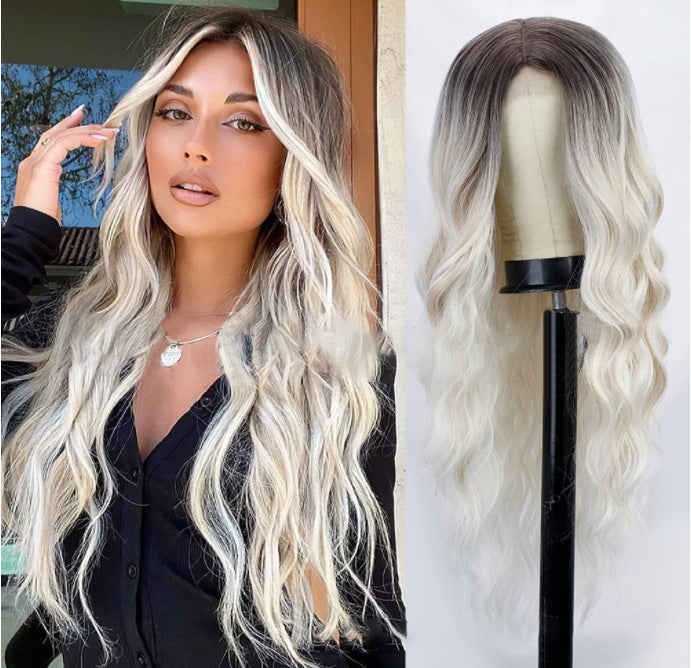 Gradient White Gold Female Middle Curly Synthetic Wig Long Curls