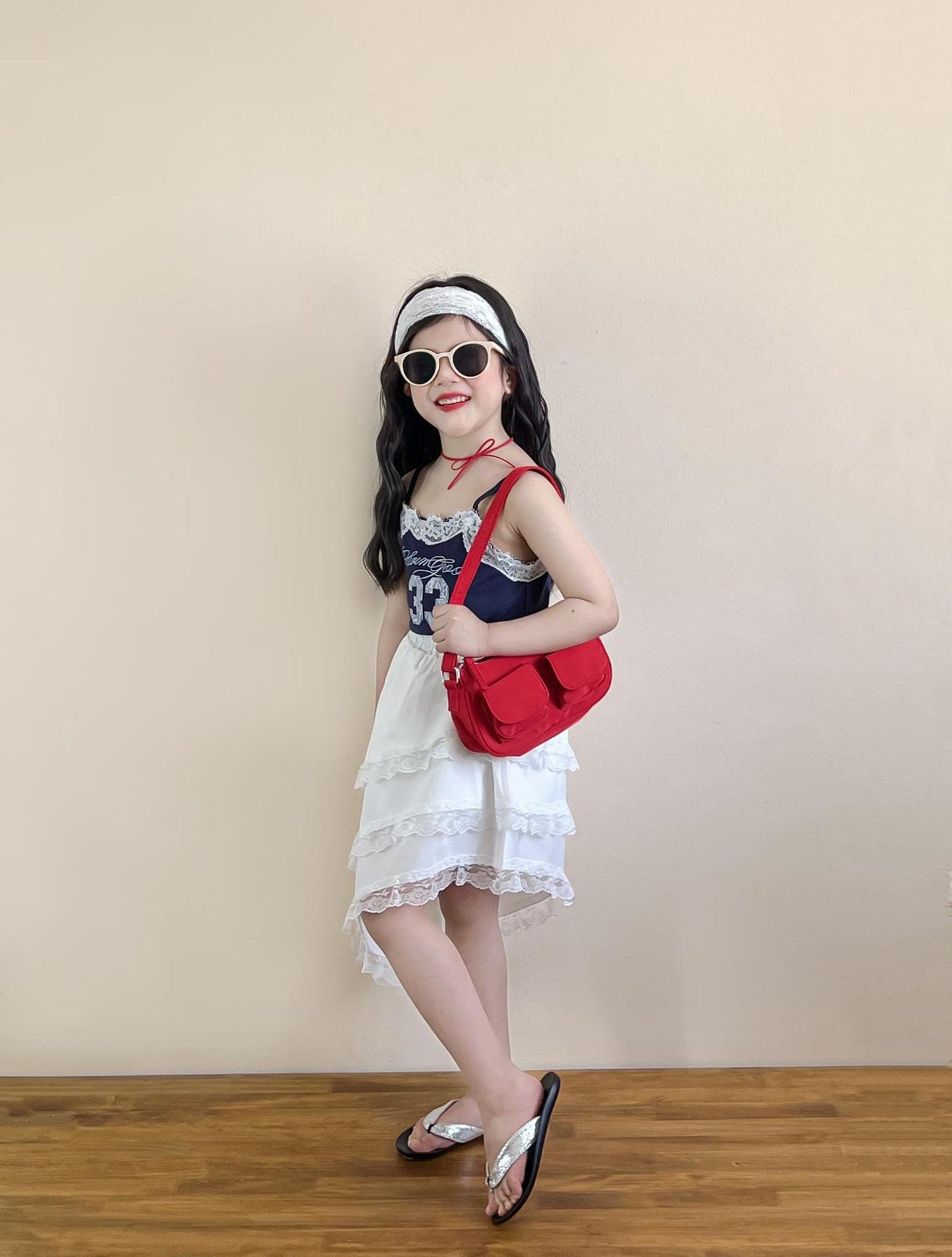 Sweet Spicy Style Lace Printed Strap Irregular Edge Stitching Safety Children's Suit