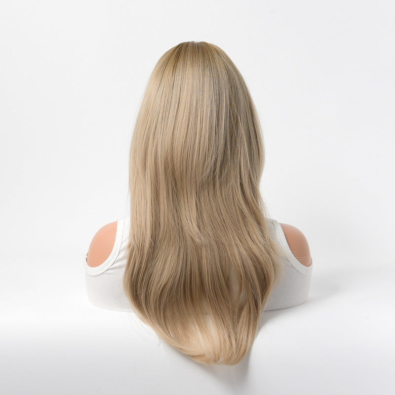 Female Fluffy Bangs Golden White Medium Inner Buckle Synthetic Wig Long Curls
