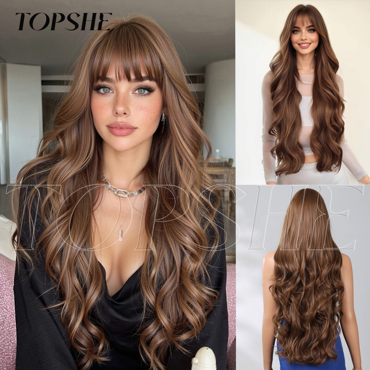 Dyed Brown Straight Bangs Big Wave Curly Wig Long Curls