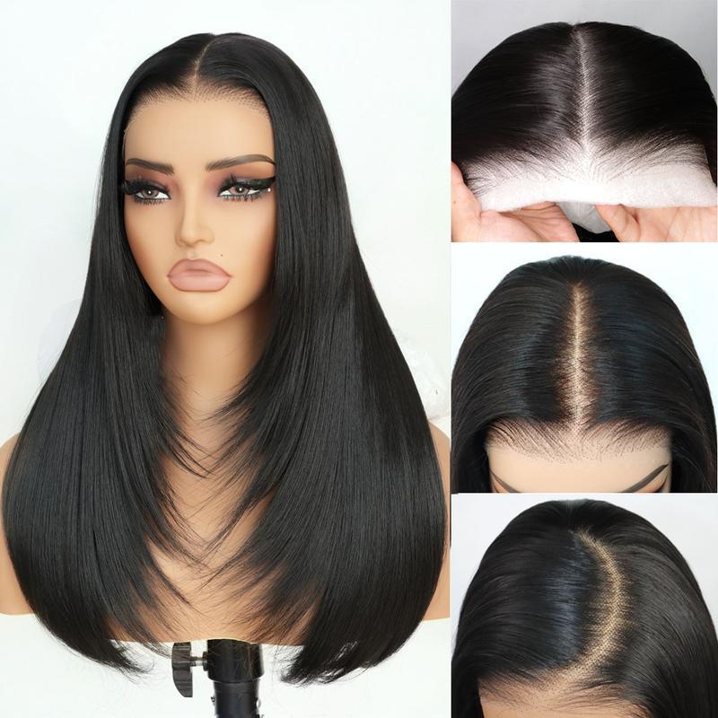 Hand-woven Black Mid-length Hair Daily Full Type Fiber Head Long Straight Wig